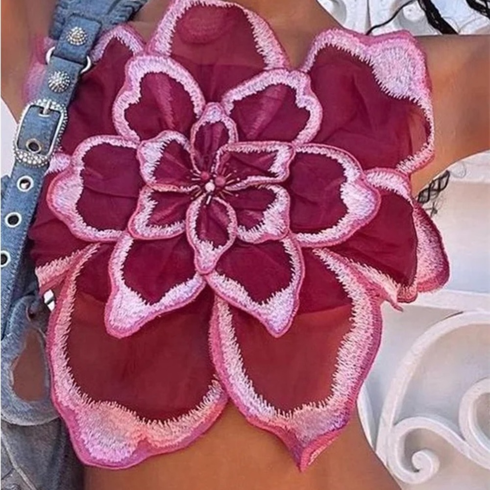 3D Floral Sheer Top with Pink and Red Petals